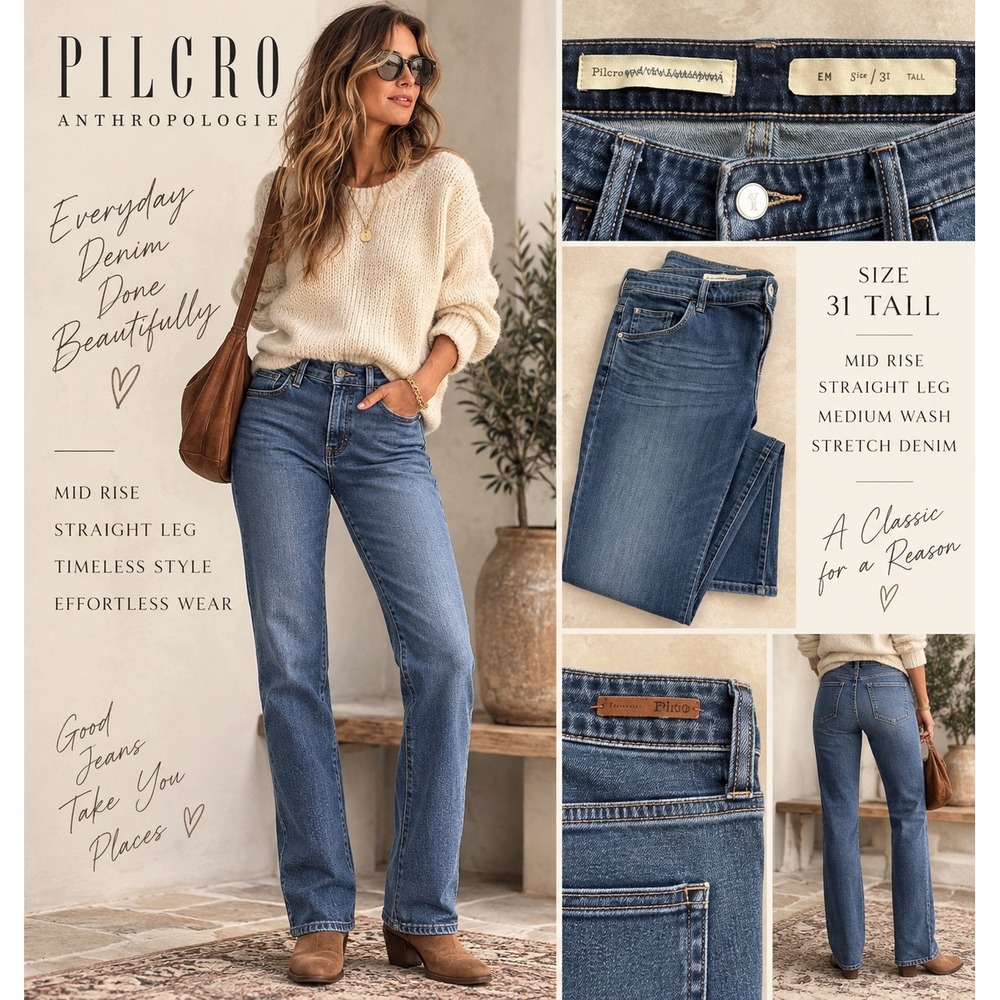 Anthropologie Pilcro 31 T Mid Rise Straight Leg Jeans Medium Wash Stretch Denim